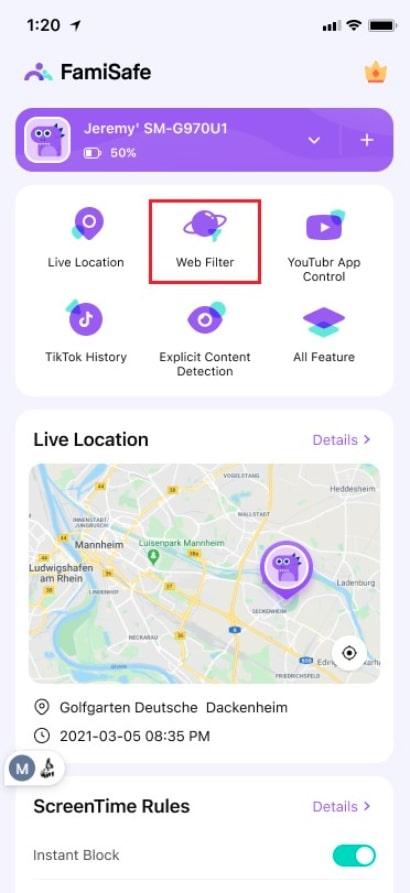 tap web filter feature famisafe