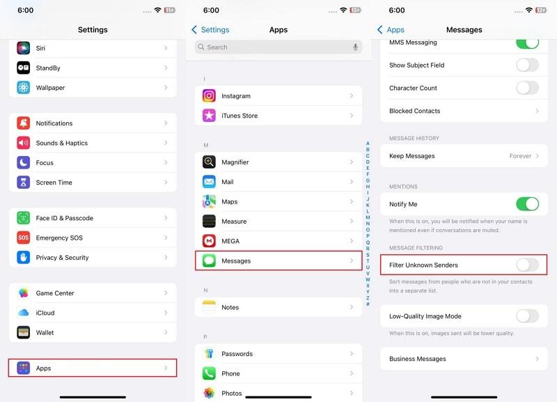 disable filter unknown senders