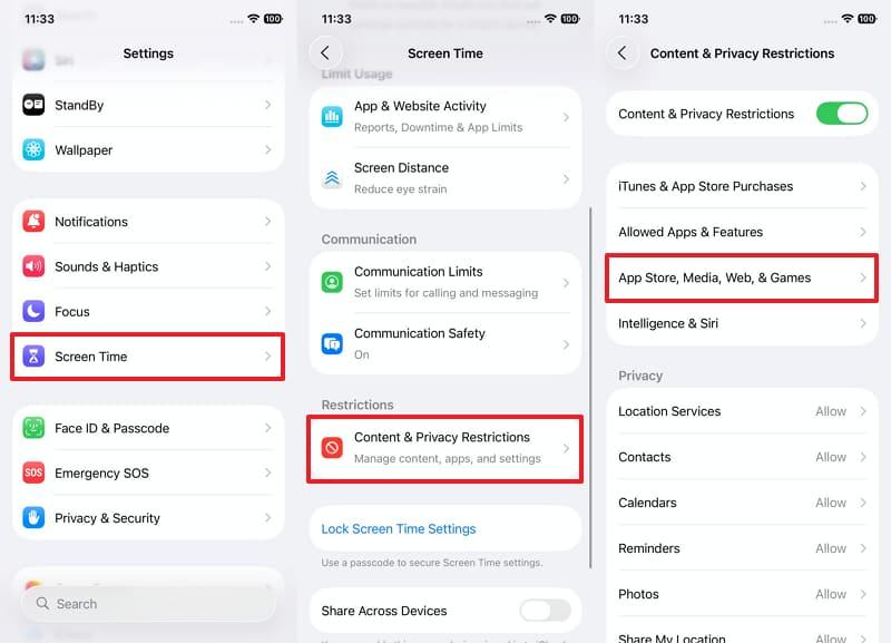 access content & privacy restriction settings