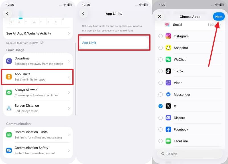 add app limits ios settings