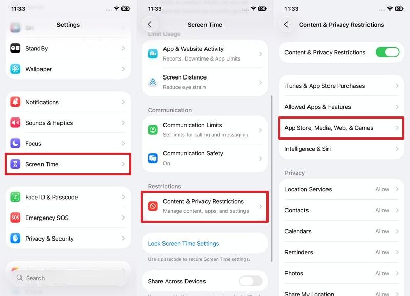 access content & privacy restrictions settings