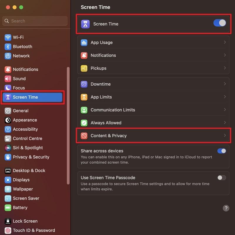 enable screen time for content privacy