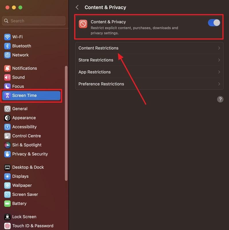 activate content & privacy restrictions