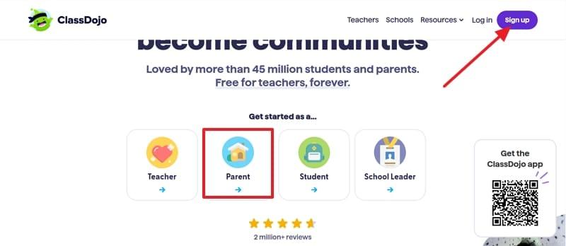 choose sign up and parents option