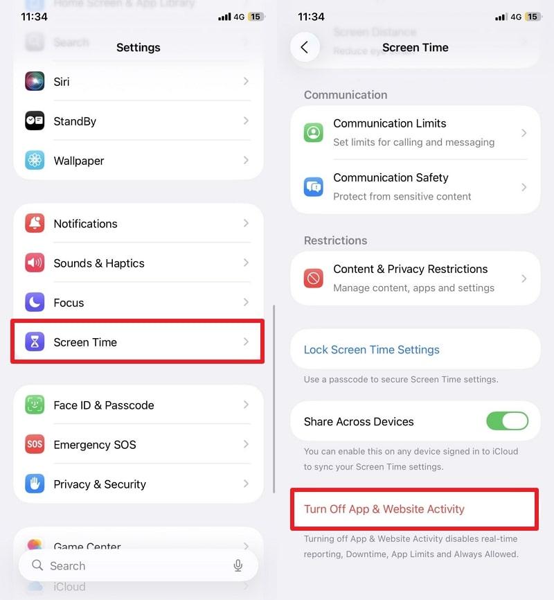 turn off app & website activity