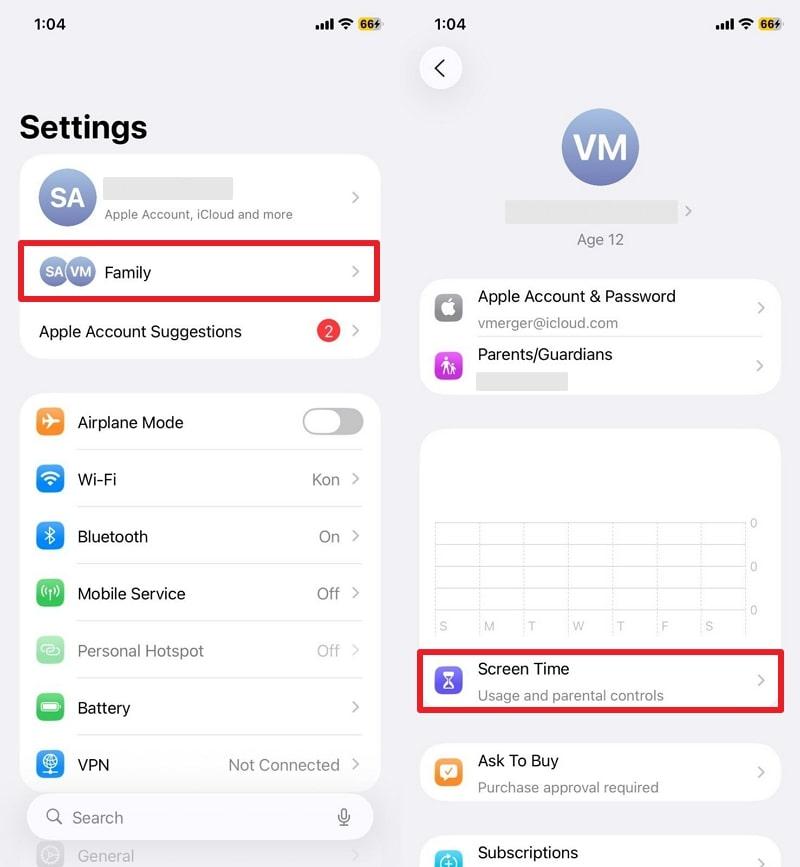 access screen time through family