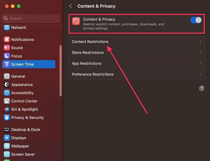 toggle on content and privacy