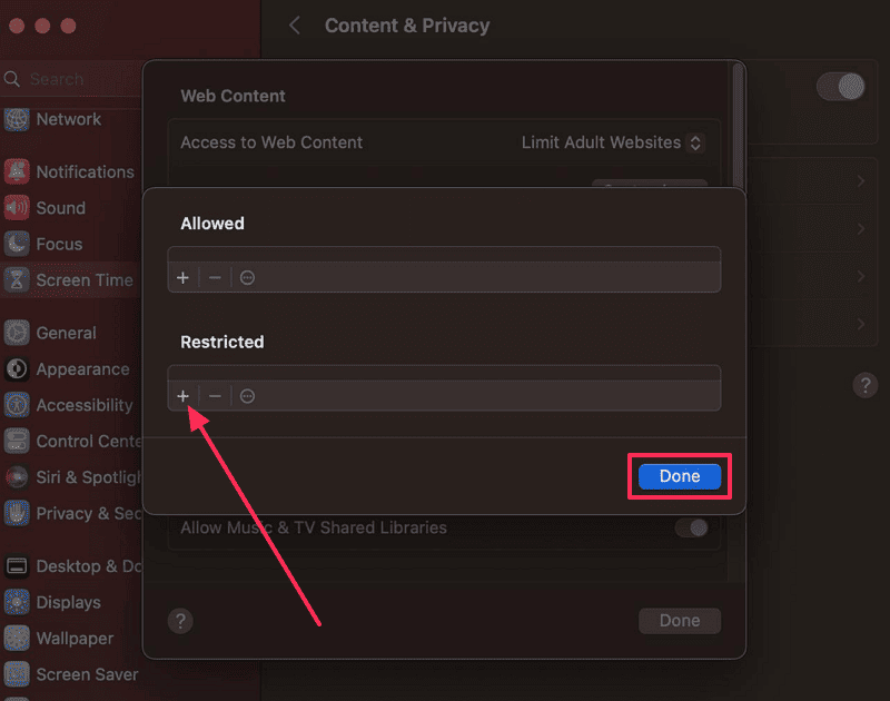 disable adult websites in web content
