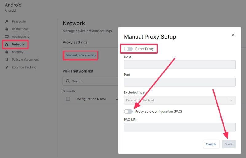 enable proxy and save with mdm