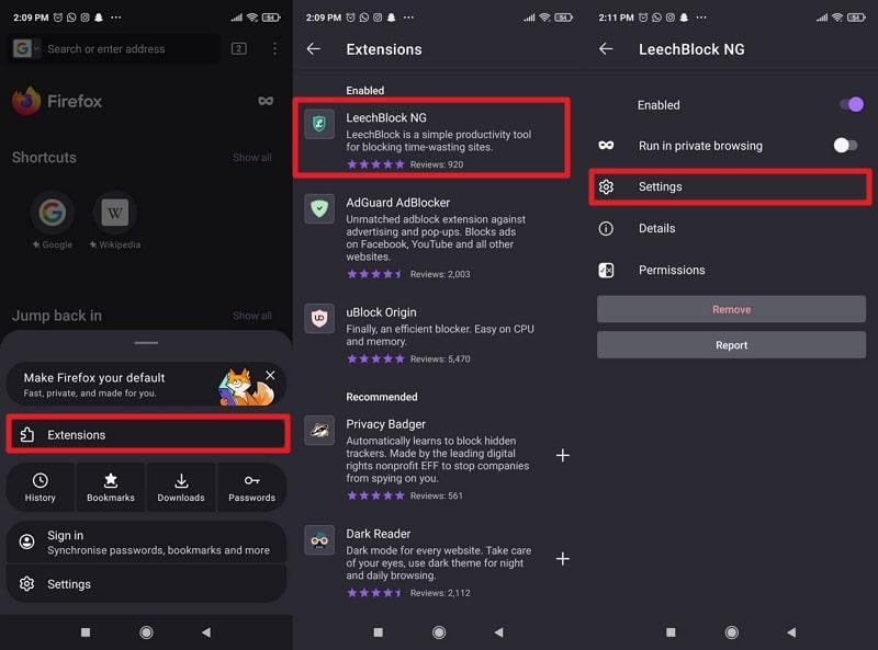 add extension and access settings android