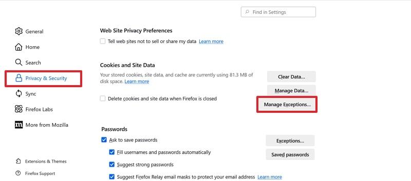 choose manage exception option