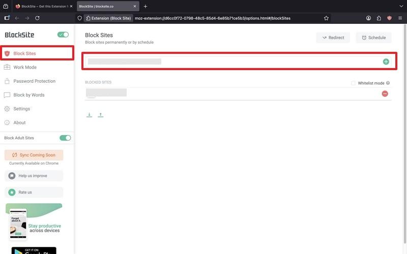 enter block site url