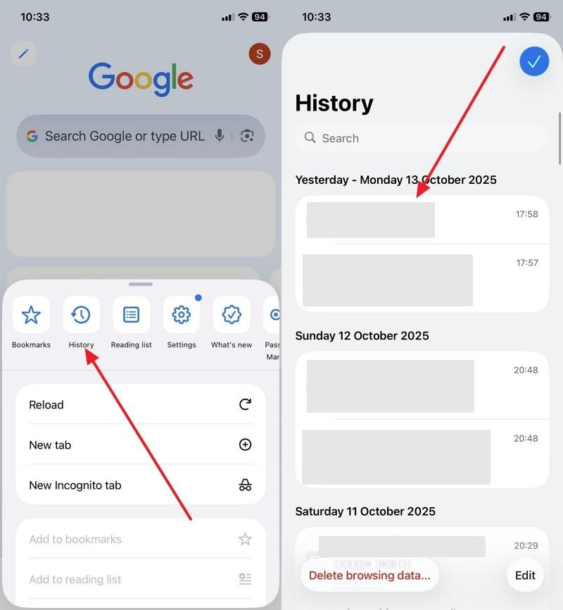 internet browsing history on google app