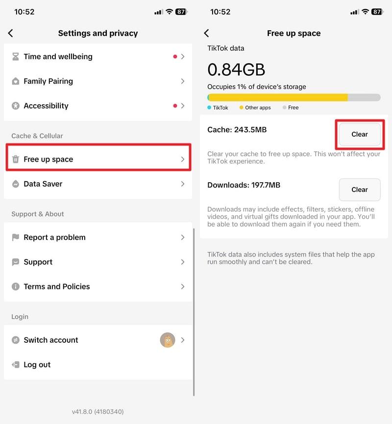 clear tiktok cache on device
