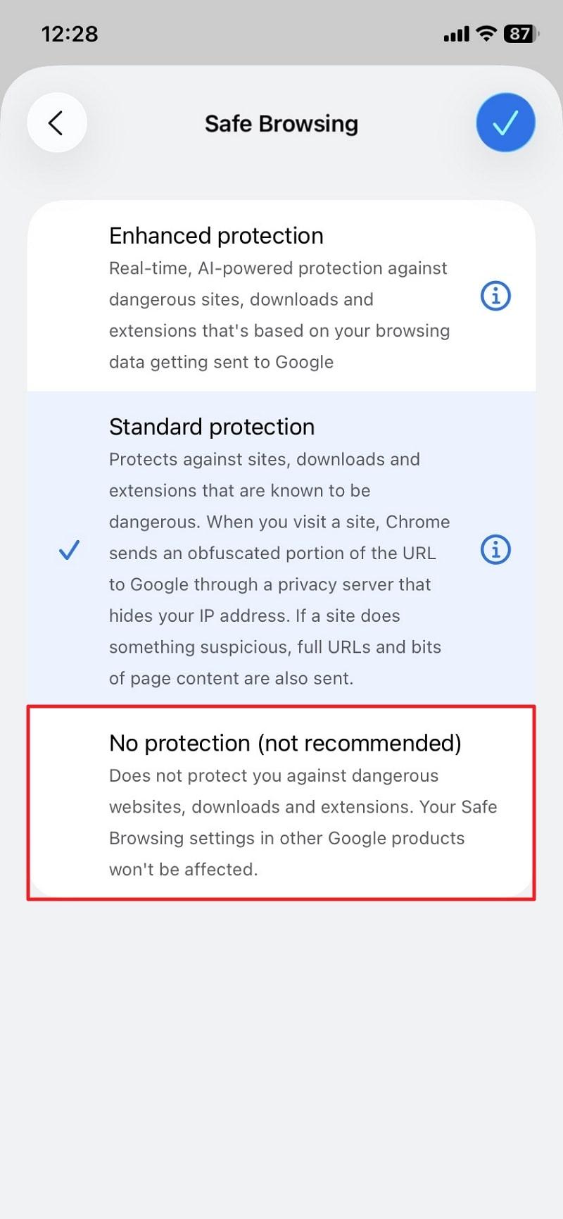 choose no protection option on chrome