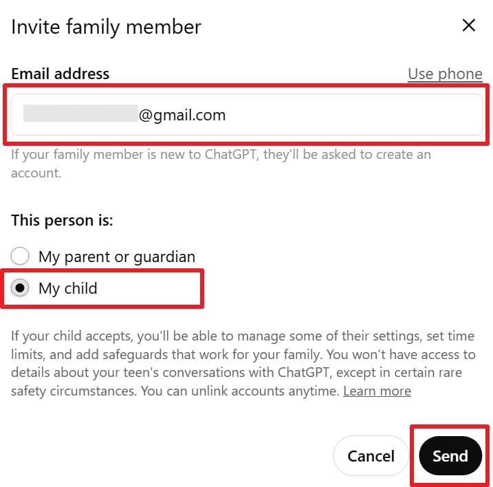 add child email on chatgpt