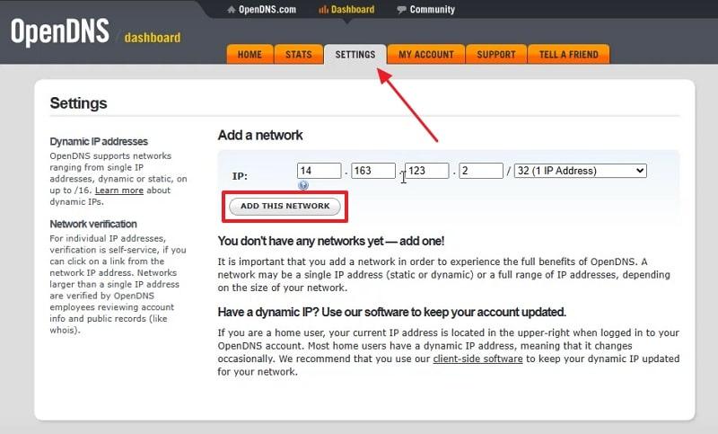 add network address to opendns