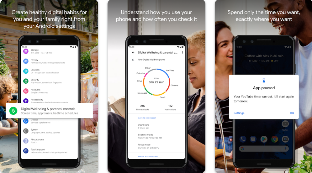 Android Digital Wellbeing interface showing app timer feature for usage management