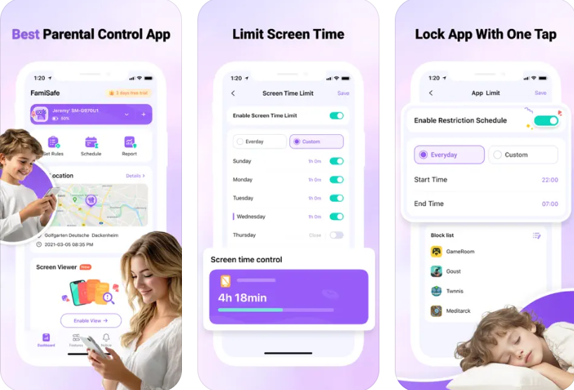 FamiSafe Android app blocker with comprehensive parental controls interface