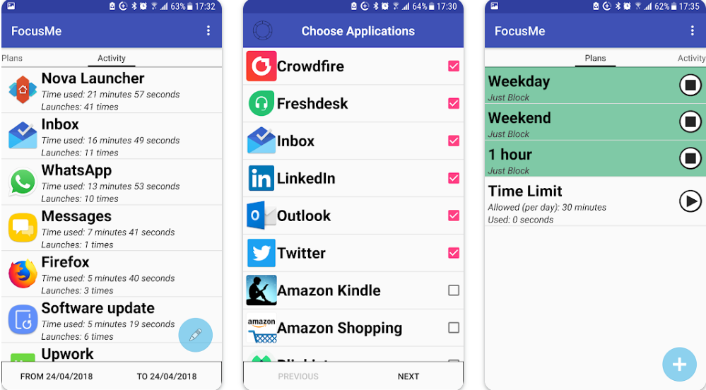 FocusMe app for Android, effectively blocking apps and websites