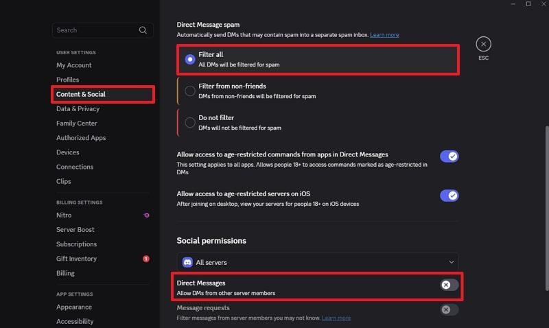 disable direct messages and apply filters