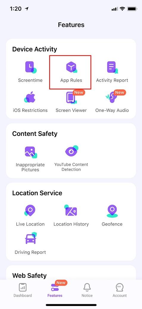 access the famisafe app rule feature