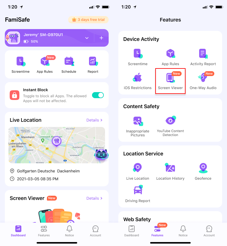 access screen viewer feature famisafe