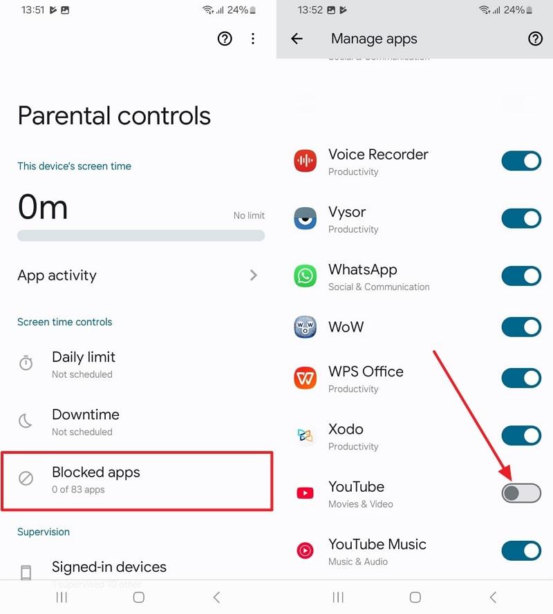 choose blocked apps and disable one