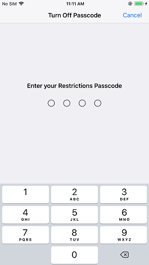 Enter Passcode for Restriction