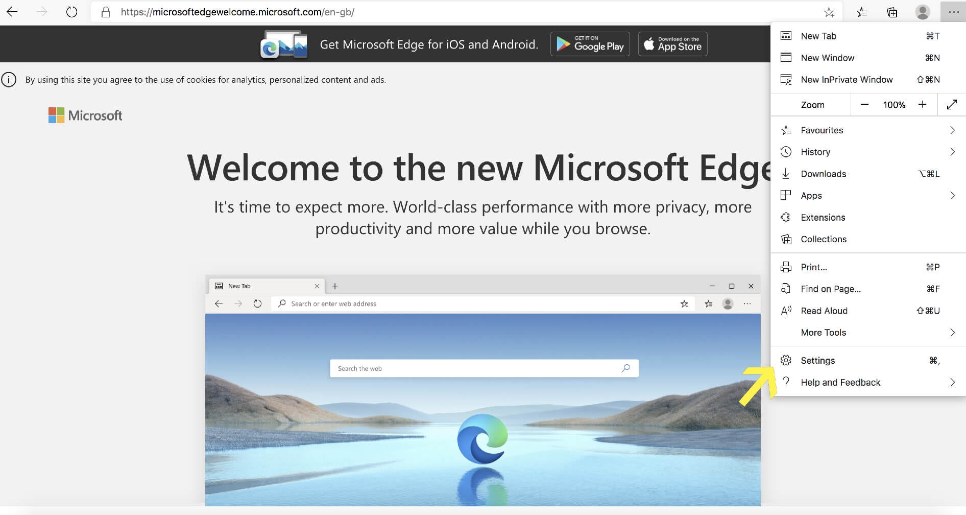 bloquear sitio web en microsoft edge - haga clic en configuración