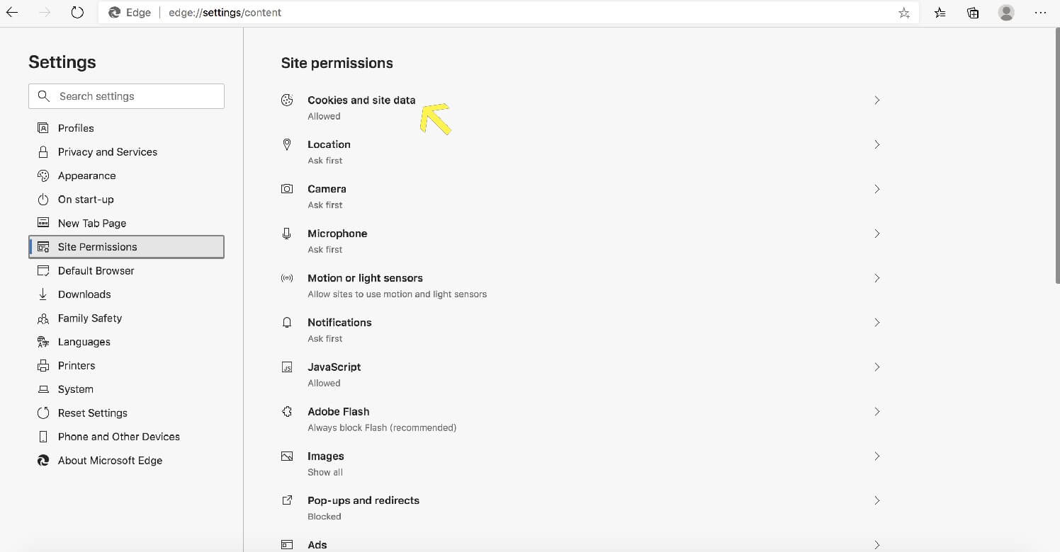 how to block a website on Edge Broswer - Cookies and Site Data