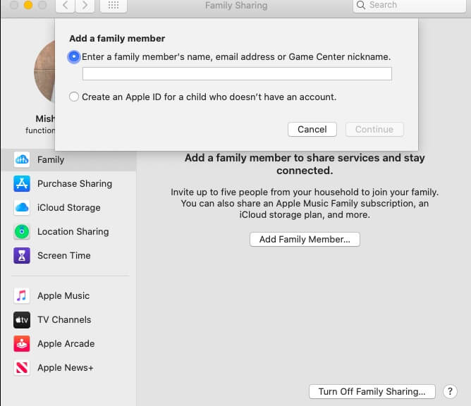 add a family member to Family sharing
