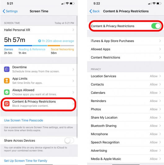 iPhone screen time contenet & privacy setting