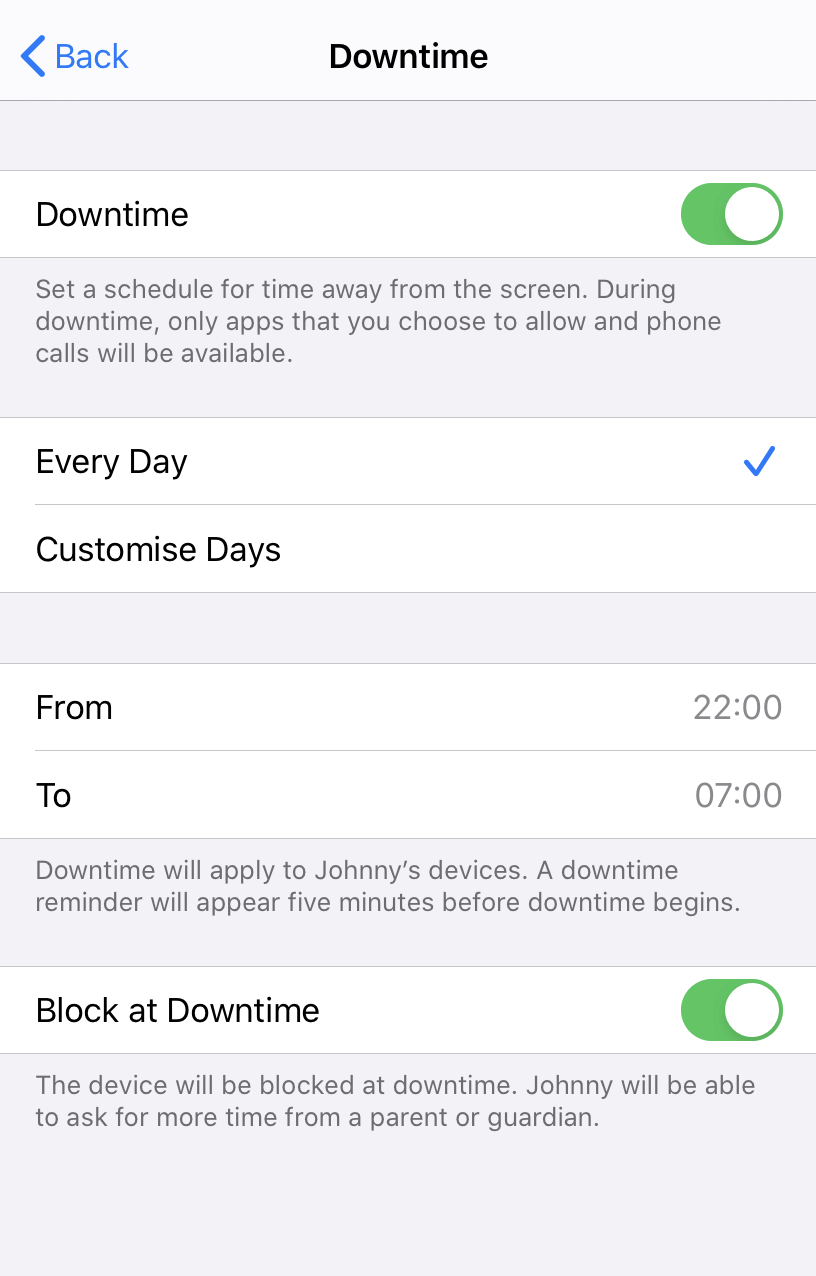 ios 13 parental control Downtime