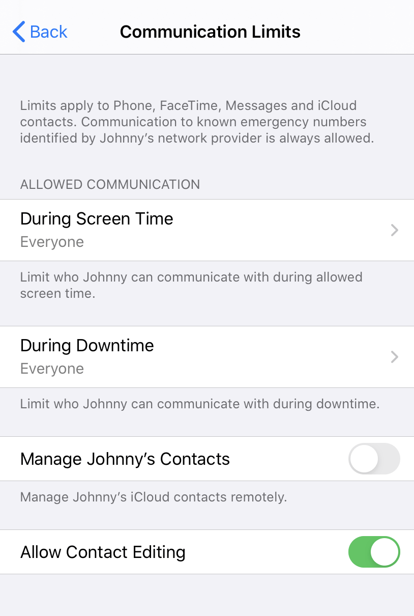 communication limits - ios 13 parental control