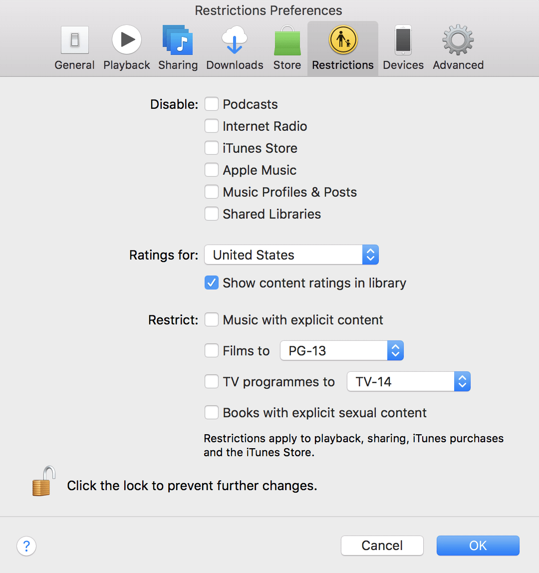 set up itunes parental control on PC