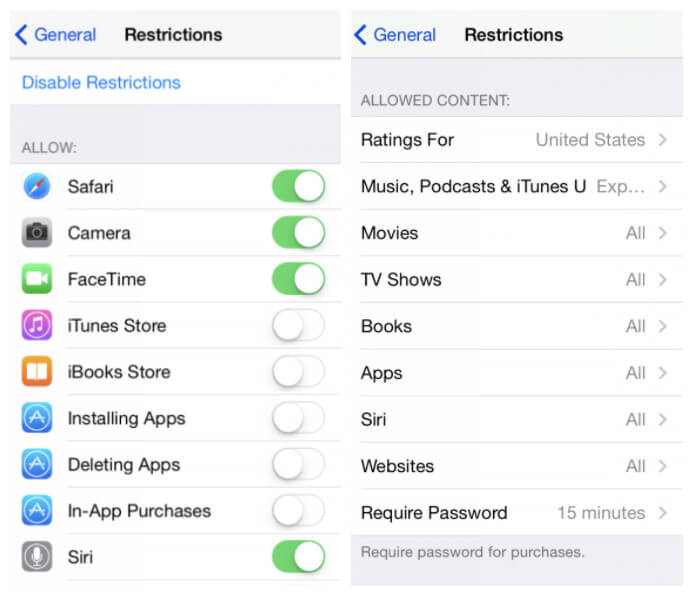 itunes parental control on iOS device