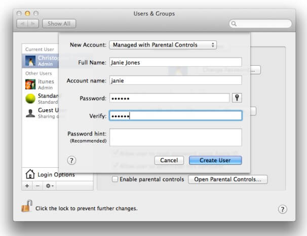 create a new user account on mac- managed account