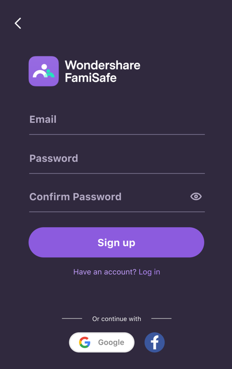 porn blocker app - Wondershare FamiSafe log in screen
