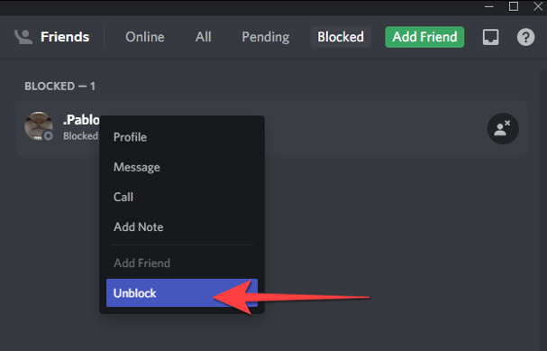 how to unblock someone on discord
