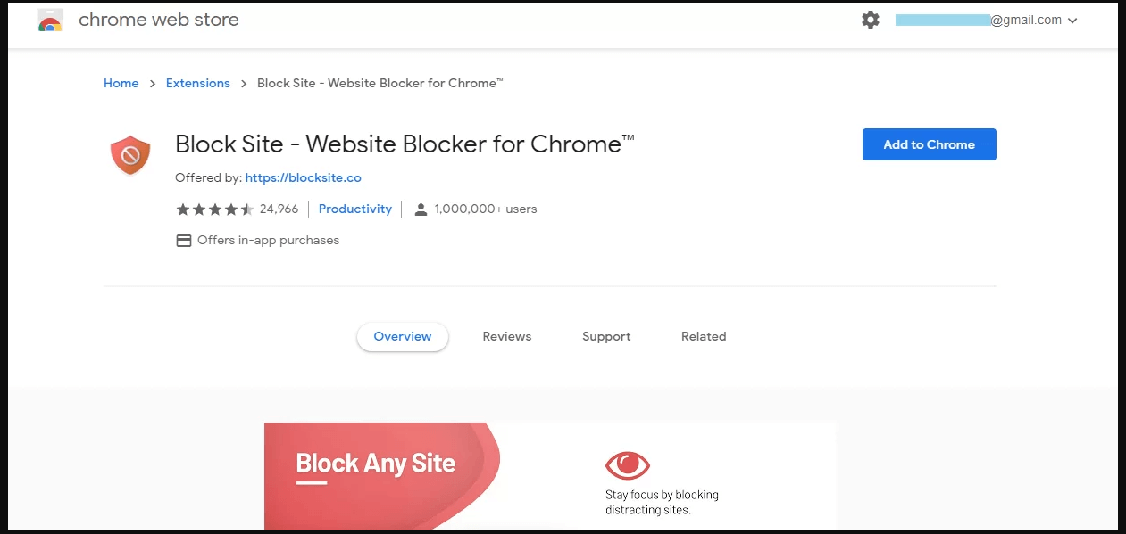 Página del complemento de Blocksite