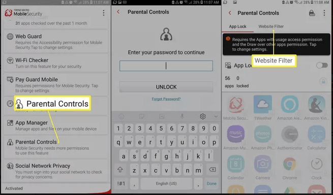 setting website filter on mobile security app for android