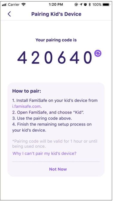 pairing code on device when linking famisafe
