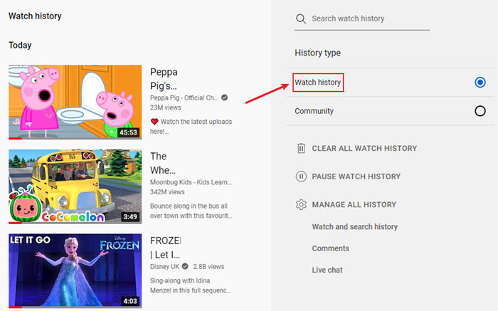 How to see the online search history on youtube