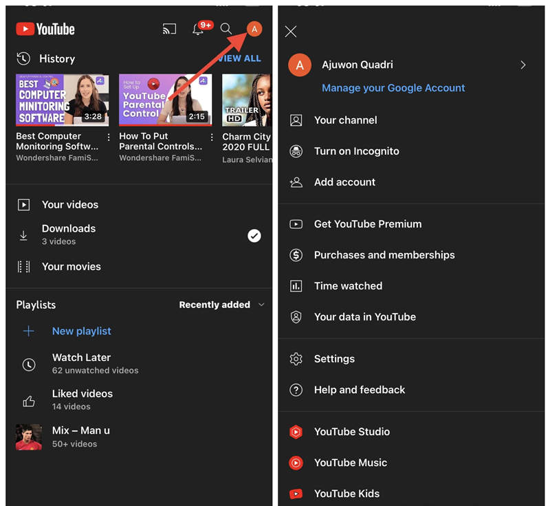 youtube screen time - click on the profile picture