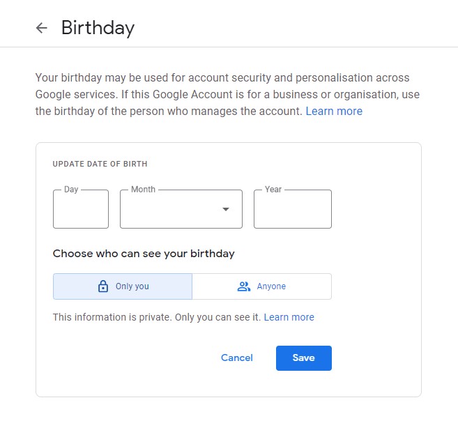 google birthday field