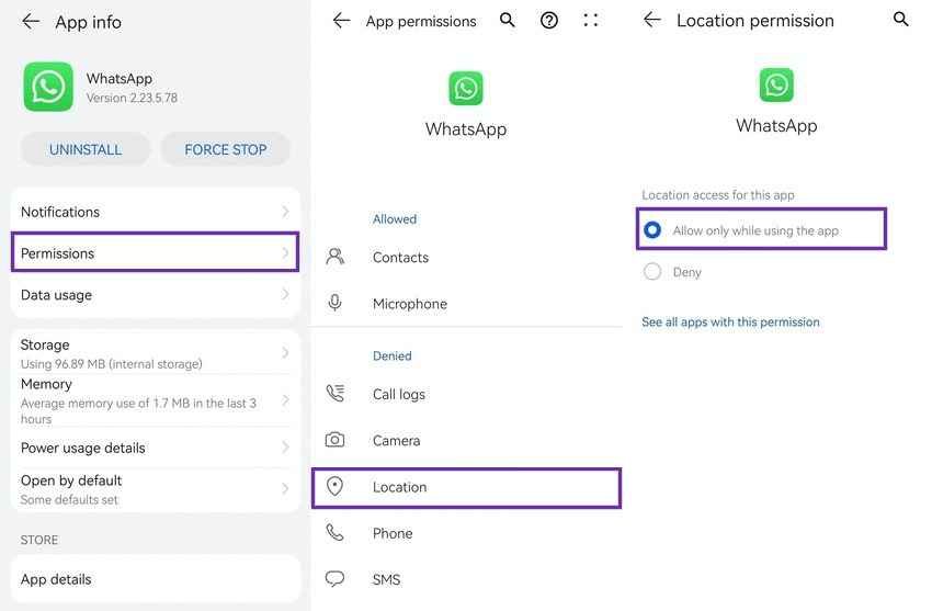 whatsapp location permissions on android