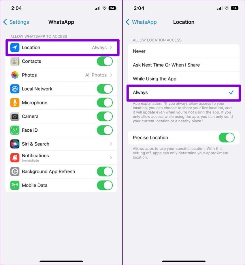 whatsapp location permissions on iphone