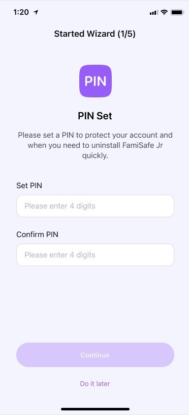 famisafe setting up a pin code