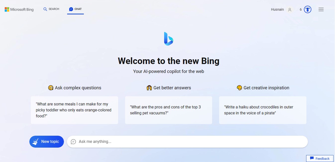 bing chat interface